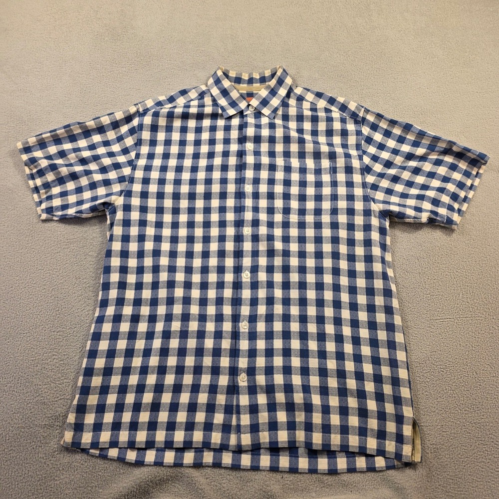 Tommy Bahama Shirt Mens Medium Blue Gingham Silk Cotton Outdoor Resort Skater